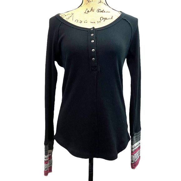 Earthbound Black Waffle Knit Henley Contrast Cuffs Boho Top XL - N1060
